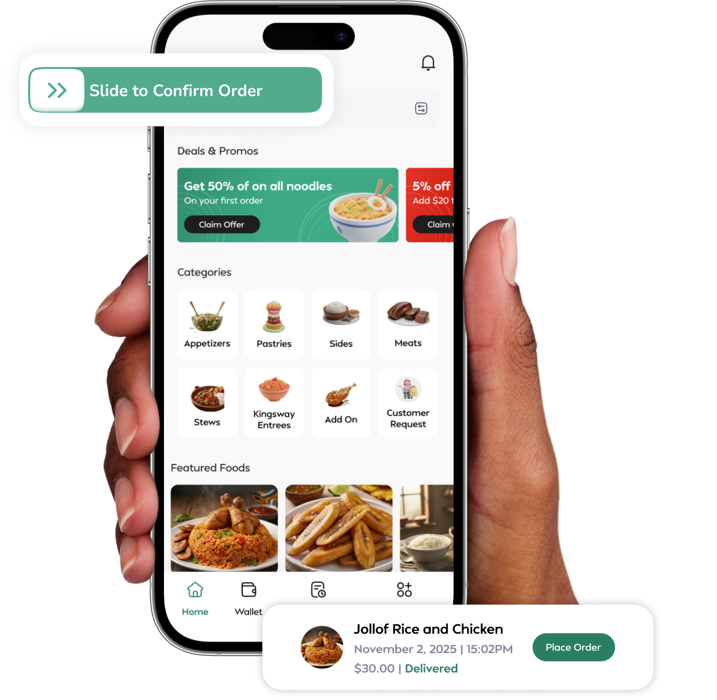 Kingsway Foods app on a smartphone with deals, categories, and featured dishes