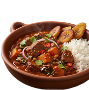 Hearty stew with rice and fried plantains in a ceramic bowl